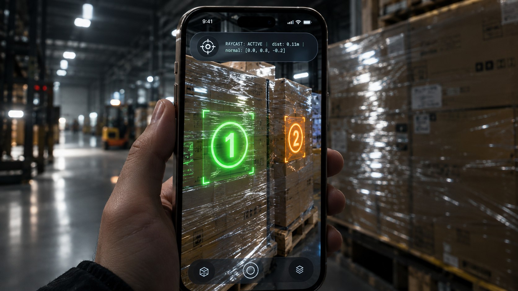 A hand holding an iPhone running the VisiPallet app, with an ARKit raycast overlay locking green and orange numbered targets onto cartons on a shrink-wrapped warehouse pallet